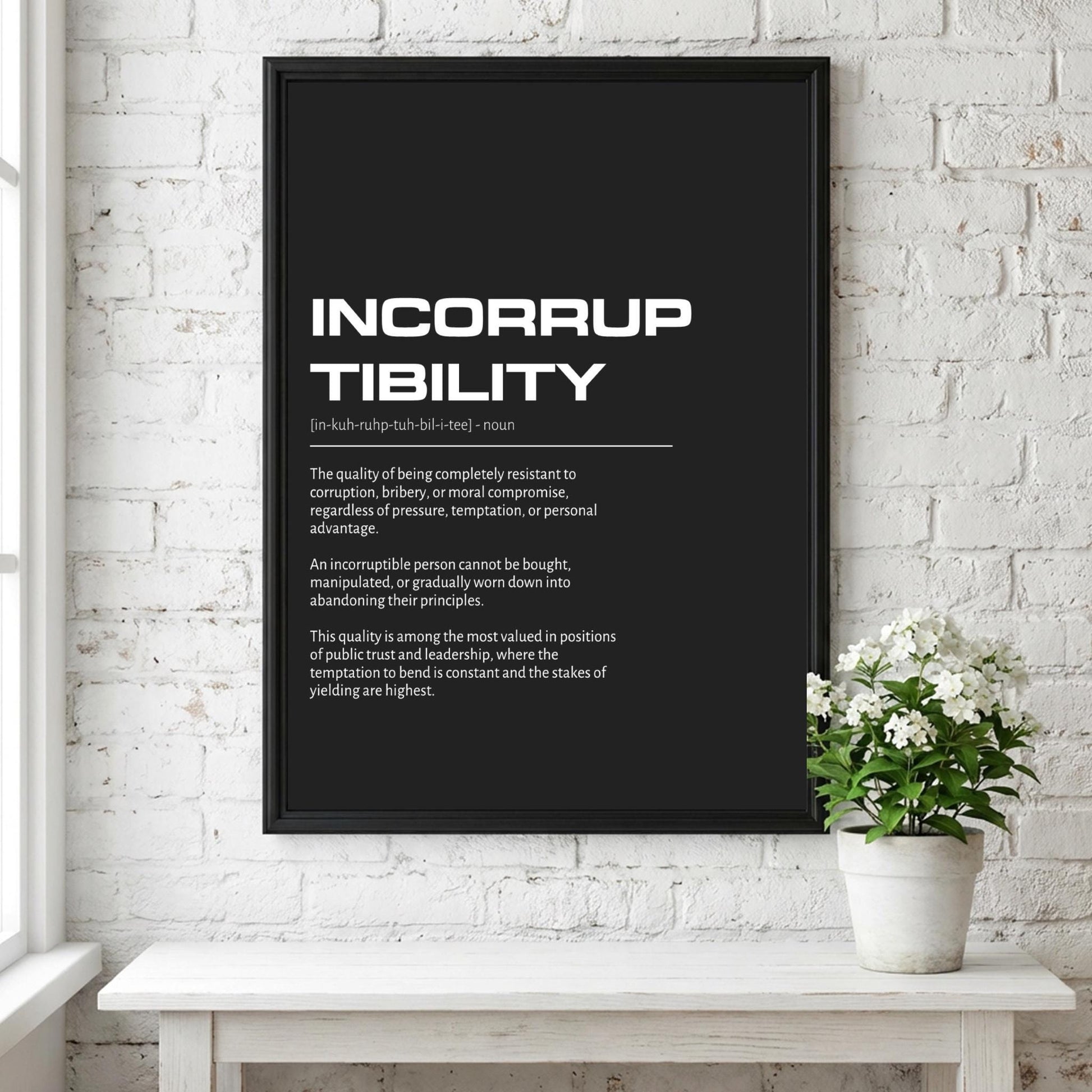 Incorruptibility Definition Wall Art | Bold Integrity & Honor Print | Minimalist Ethics Poster | Modern Office Gallery Decor | Dark