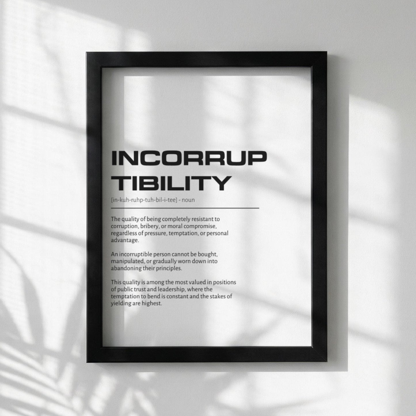 Incorruptibility Definition Wall Art | Clean Integrity & Honor Print | Minimalist Ethics Poster | Modern Office Gallery Decor | White