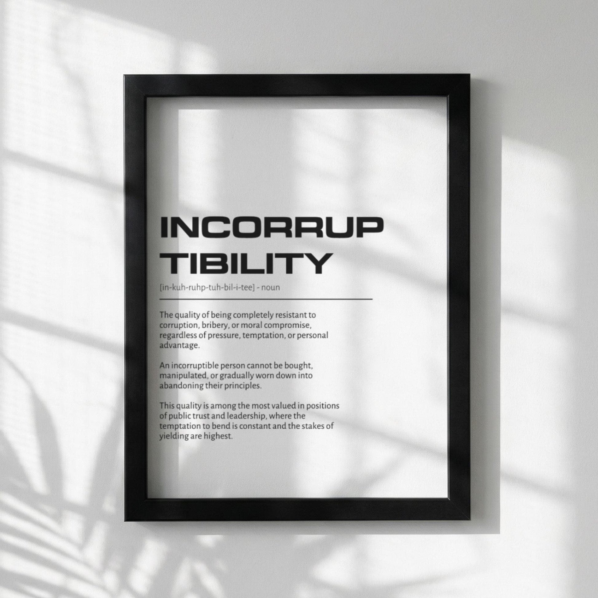 Incorruptibility Definition Wall Art | Clean Integrity & Honor Print | Minimalist Ethics Poster | Modern Office Gallery Decor | White