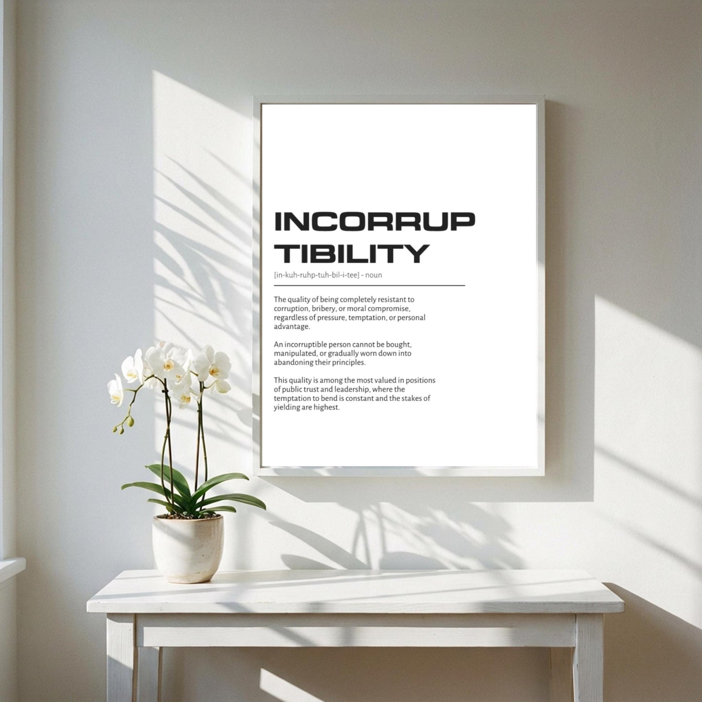 Incorruptibility Definition Wall Art | Clean Integrity & Honor Print | Minimalist Ethics Poster | Modern Office Gallery Decor | White