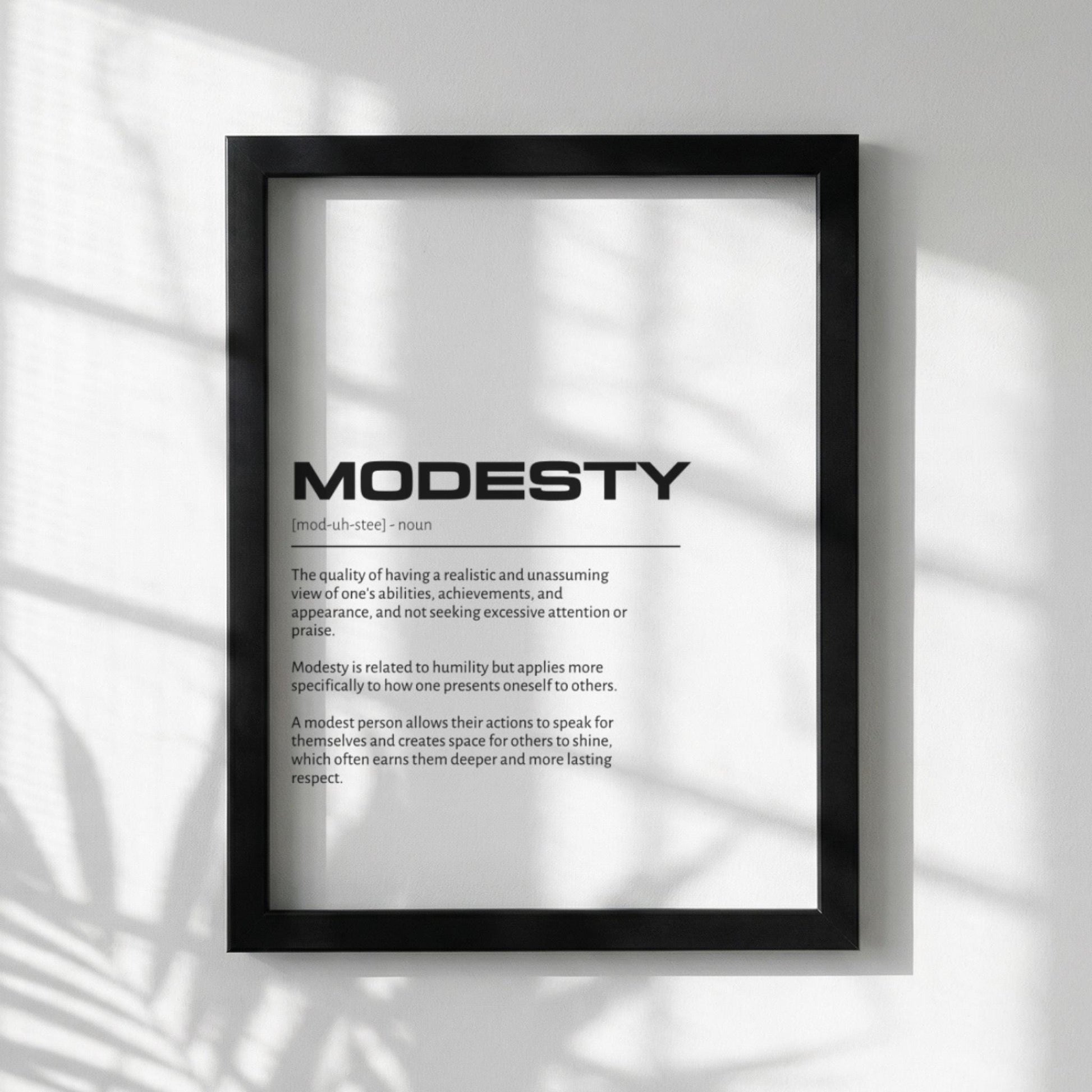 Modesty Definition Wall Art | Clean Humility & Reserve Print | Minimalist Character Poster | Modern Home Gallery Decor | White Typography