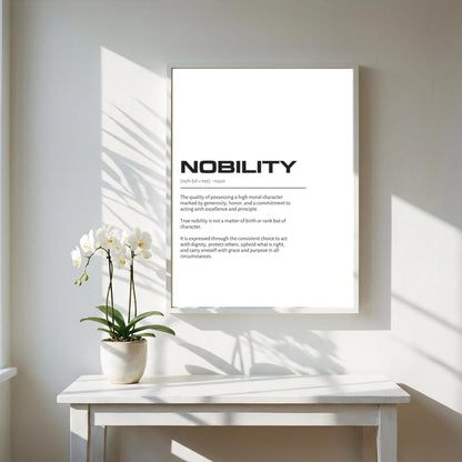 Nobility Definition Wall Art | Clean Honor & Excellence Print | Minimalist Character Poster | Modern Home Gallery Decor | White Typography