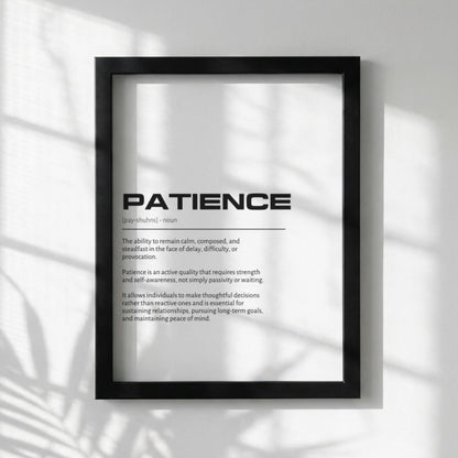 Patience Definition Wall Art | Clean Endurance & Forbearance Print | Minimalist Character Poster | Modern Home Gallery Decor | White