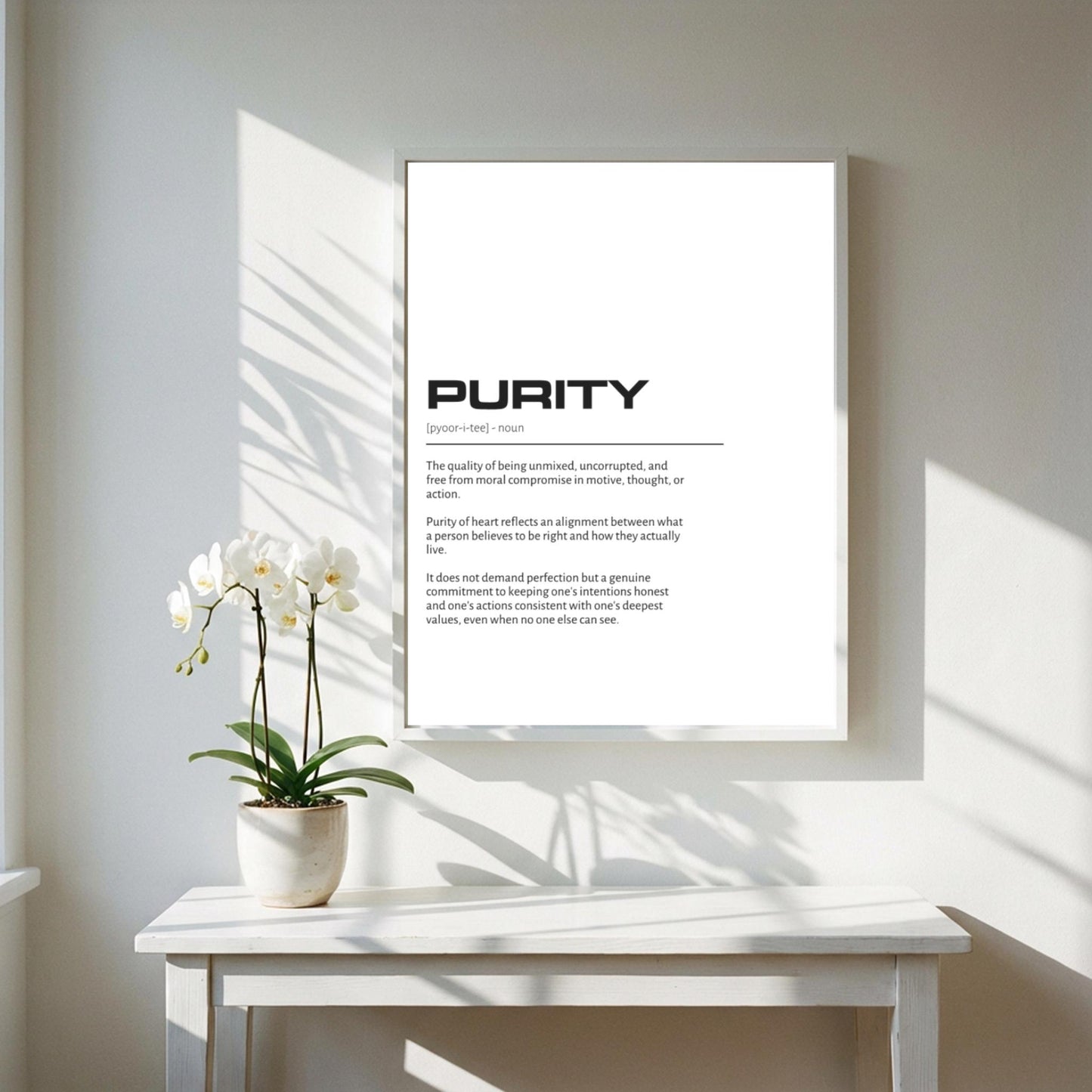Purity Definition Wall Art | Clean Innocence & Integrity Print | Minimalist Character Poster | Modern Home Gallery Decor | White Typography
