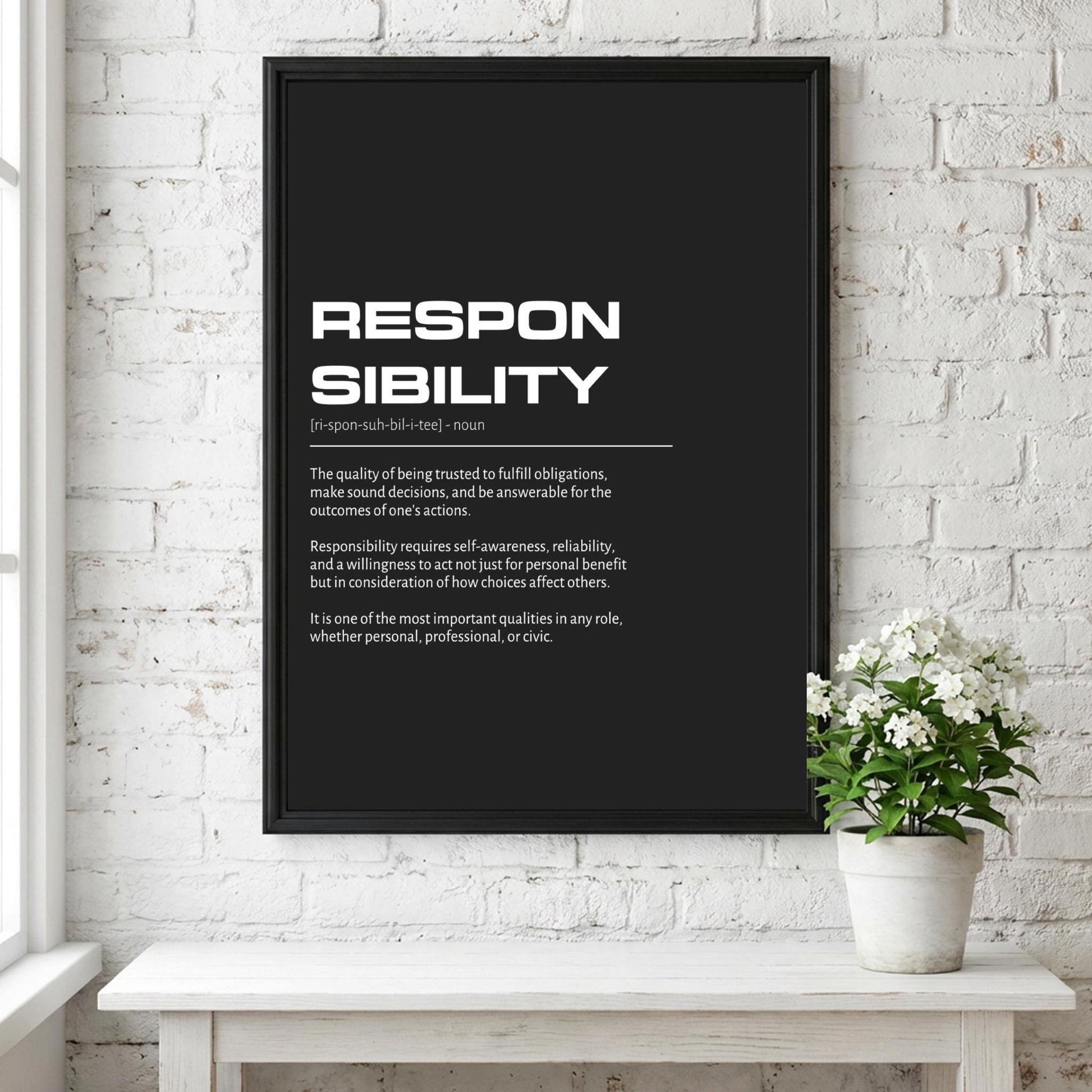 Responsibility Definition Wall Art | Bold Accountability & Duty Print | Minimalist Character Poster | Modern Home Gallery Decor | Dark