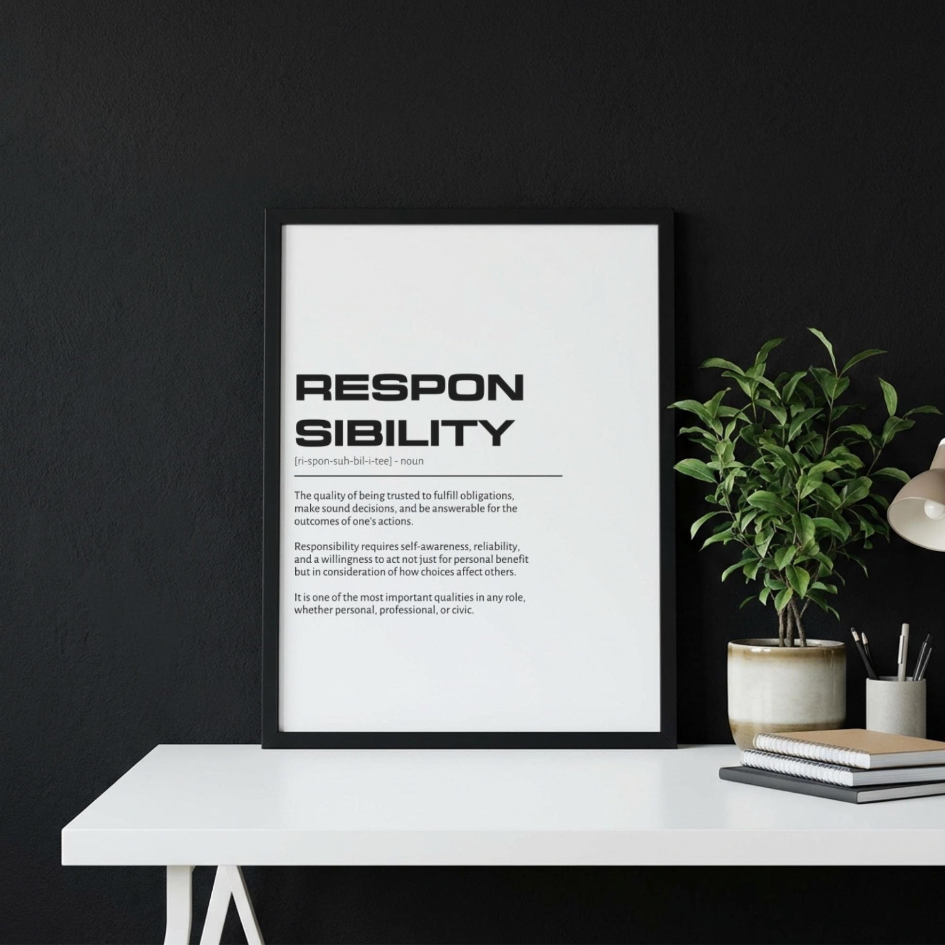 Responsibility Definition Wall Art | Clean Accountability & Duty Print | Minimalist Character Poster | Modern Home Gallery Decor | White