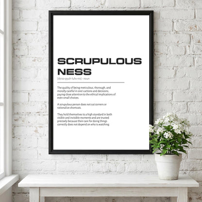 Scrupulousness Definition Wall Art | Clean Integrity & Precision Print | Minimalist Character Poster | Modern Home Gallery Decor | White