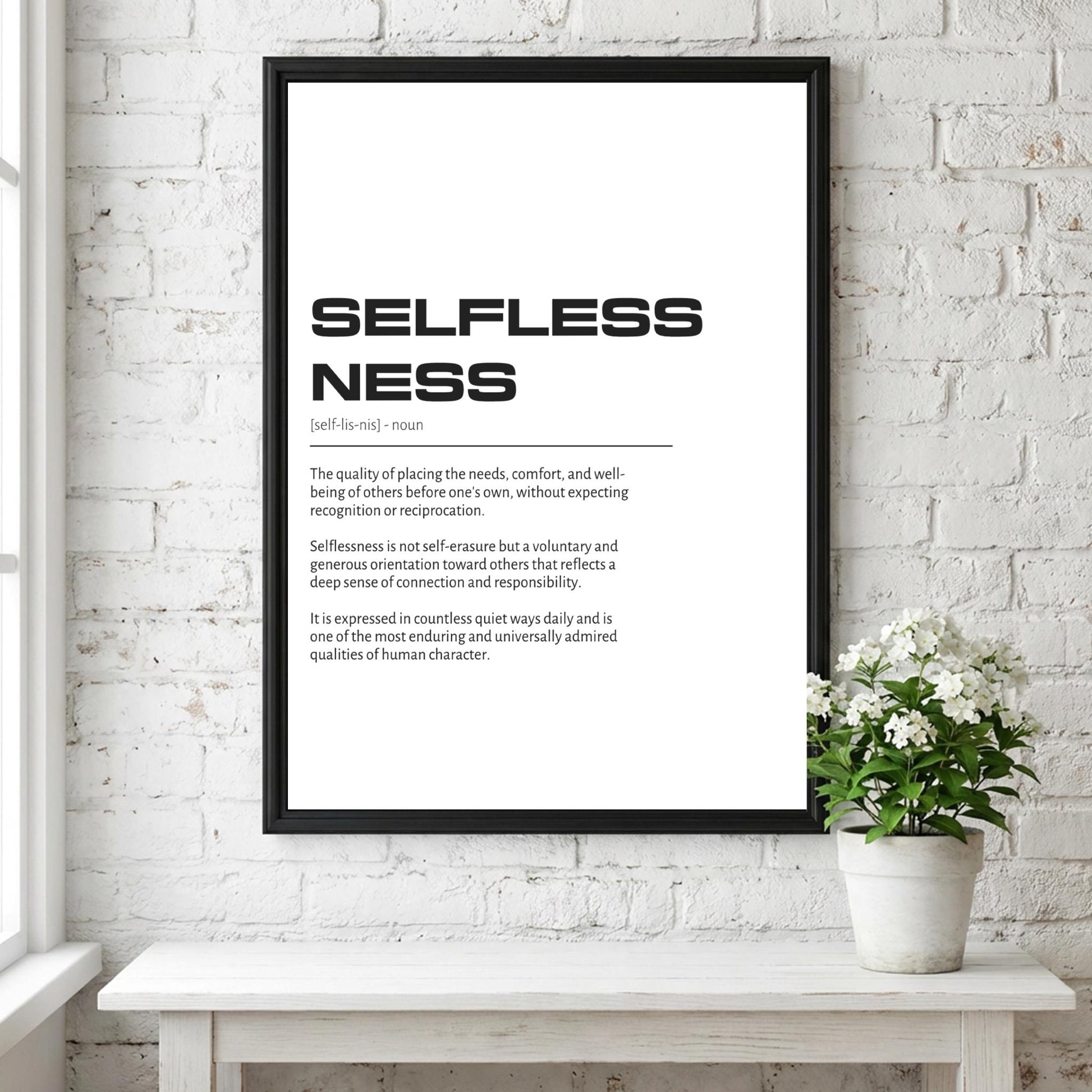 Selflessness Definition Wall Art | Clean Altruism & Generosity Print | Minimalist Character Poster | Modern Home Gallery Decor | Typography