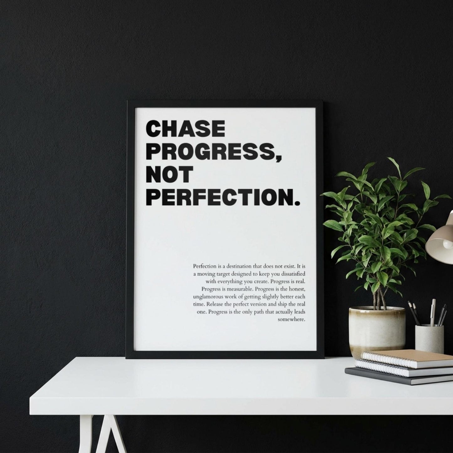 Chase Progress Not Perfection Poster | Powerful Motivational Art | Inspirational Success Quote | Modern Office Decor