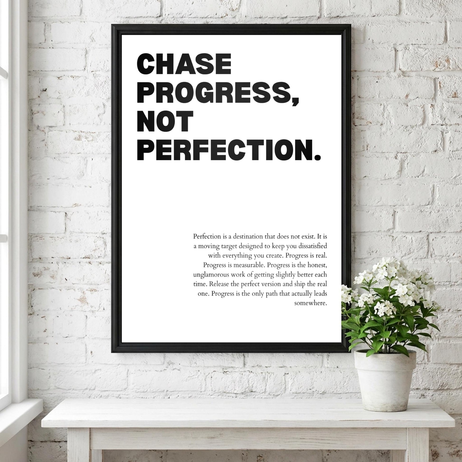 Chase Progress Not Perfection Poster | Powerful Motivational Art | Inspirational Success Quote | Modern Office Decor