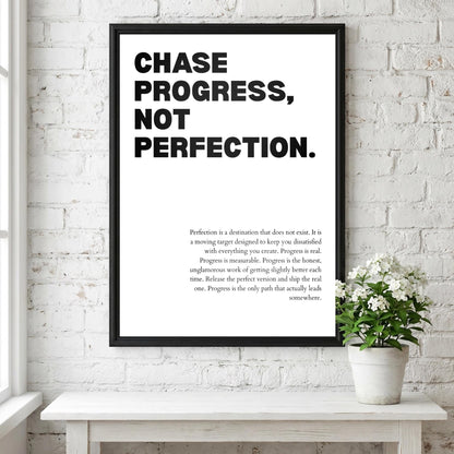 Chase Progress Not Perfection Poster | Powerful Motivational Art | Inspirational Success Quote | Modern Office Decor