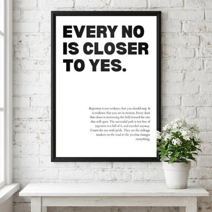 Every No Is Closer To Yes Poster | Powerful Motivational Wall Art | Inspirational Success Quote | Modern Office Decor