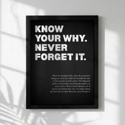 Know Your Why Never Forget It Poster | Powerful Motivational Wall Art | Success Quote | Modern Office Decor