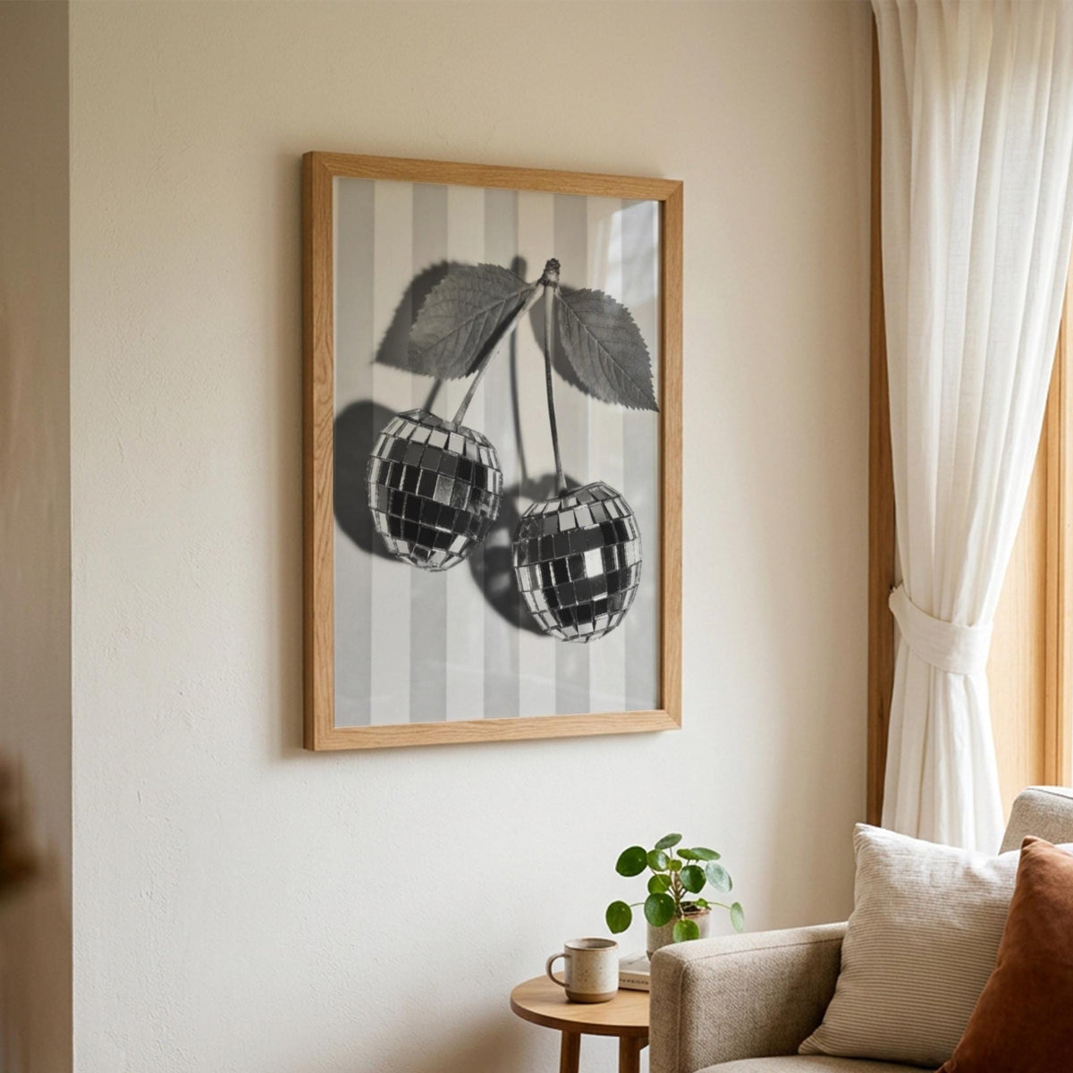 Disco Cherries Black & White Poster | Minimalist Retro Wall Art | Modern Pop Decor | Funky Fruit Print