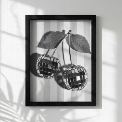 Disco Cherries Black & White Poster | Minimalist Retro Wall Art | Modern Pop Decor | Funky Fruit Print
