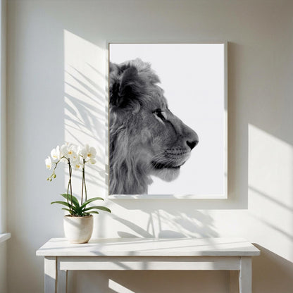 Lion’s Gaze Black & White Minimalist Wildlife Wall Art | Modern Animal Portrait Decor | Powerful Safari Poster Print