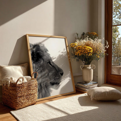 Lion’s Gaze Black & White Minimalist Wildlife Wall Art | Modern Animal Portrait Decor | Powerful Safari Poster Print