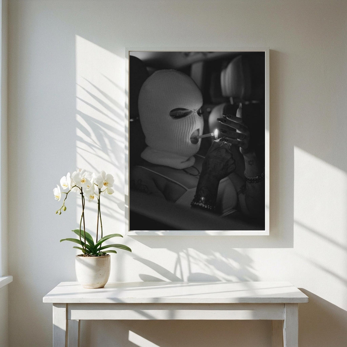 Masked Smoke Black & White Minimalist Portrait Wall Art | Modern Mysterious Aesthetic Decor | Dark Character Poster Print