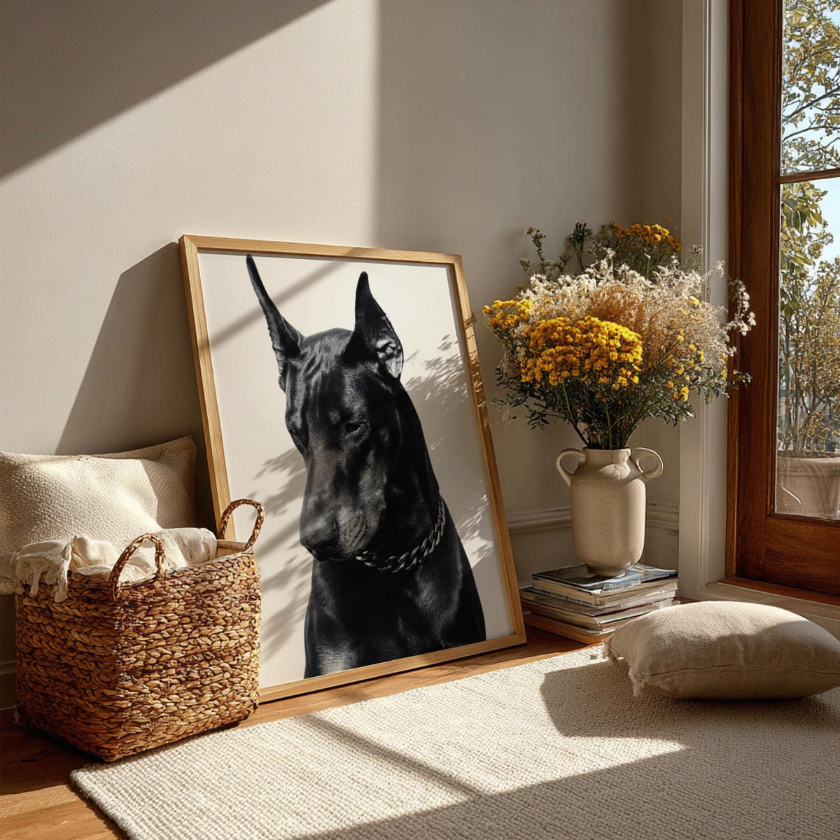 Midnight Doberman Black & White Minimalist Animal Wall Art | Modern Dark Aesthetic Dog Decor | Powerful Portrait Print
