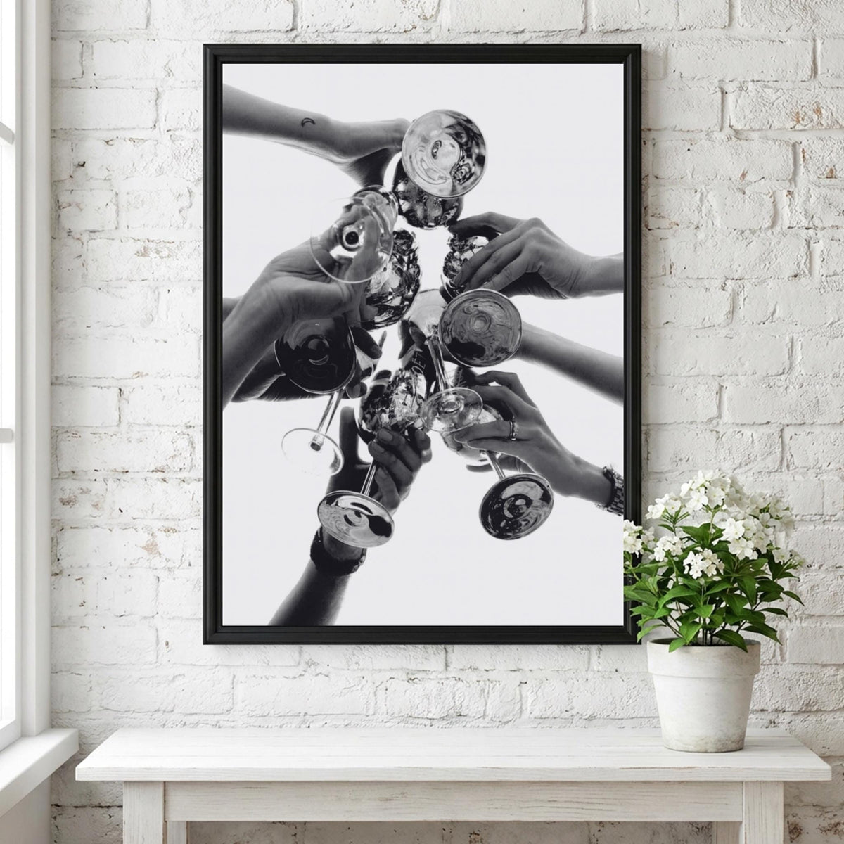 Midnight Toast Black & White Minimalist Lifestyle Wall Art | Modern Celebration Decor | Elegant Drink Aesthetic Poster Print