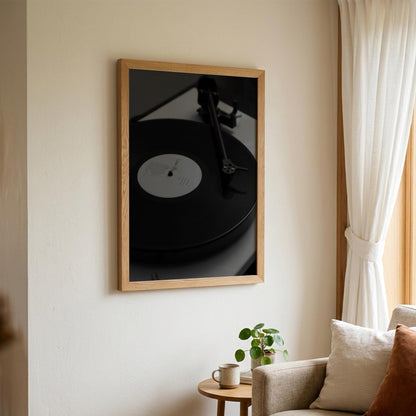 Midnight Vinyl Black & White Minimalist Music Wall Art | Modern Retro Audio Decor | Aesthetic Record Player Poster Print
