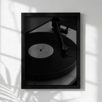Midnight Vinyl Black & White Minimalist Music Wall Art | Modern Retro Audio Decor | Aesthetic Record Player Poster Print