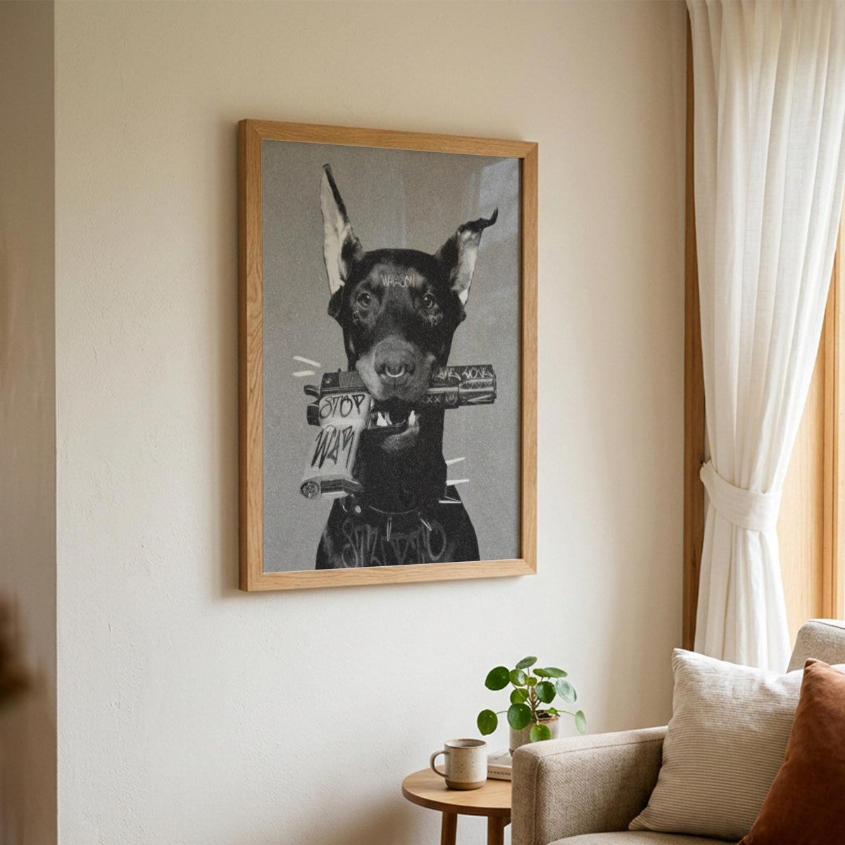 Rebel Doberman Black & White Minimalist Dog Wall Art | Modern Edgy Animal Decor | Powerful Portrait Poster Print