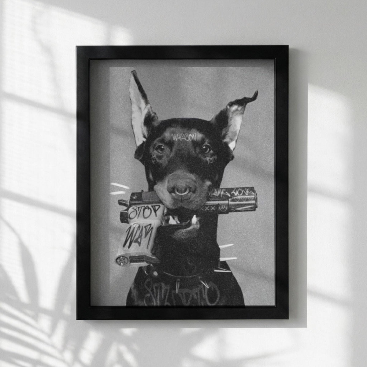 Rebel Doberman Black & White Minimalist Dog Wall Art | Modern Edgy Animal Decor | Powerful Portrait Poster Print