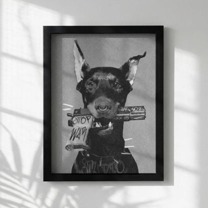 Rebel Doberman Black & White Minimalist Dog Wall Art | Modern Edgy Animal Decor | Powerful Portrait Poster Print
