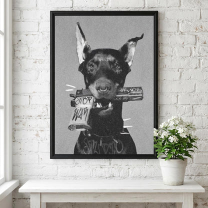 Rebel Doberman Black & White Minimalist Dog Wall Art | Modern Edgy Animal Decor | Powerful Portrait Poster Print