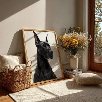 Royal Doberman Black & White Minimalist Dog Wall Art | Modern Luxury Animal Decor | Elegant Portrait Poster