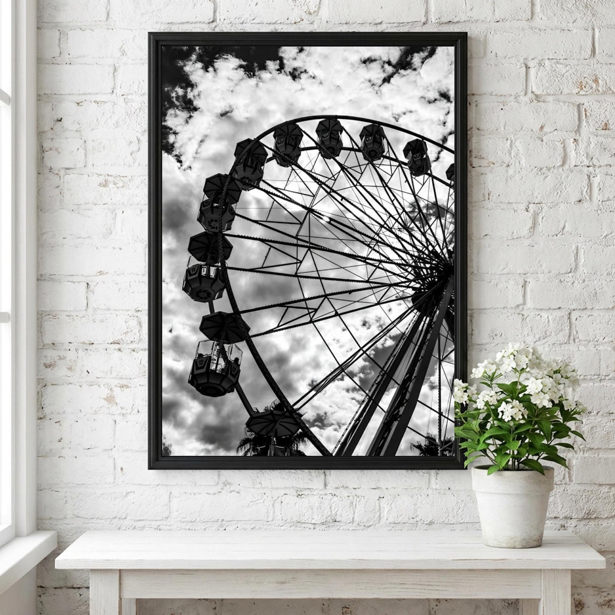 Sky Wheel Black & White Minimalist City Wall Art | Modern Ferris Wheel Decor | Urban Aesthetic Poster Print