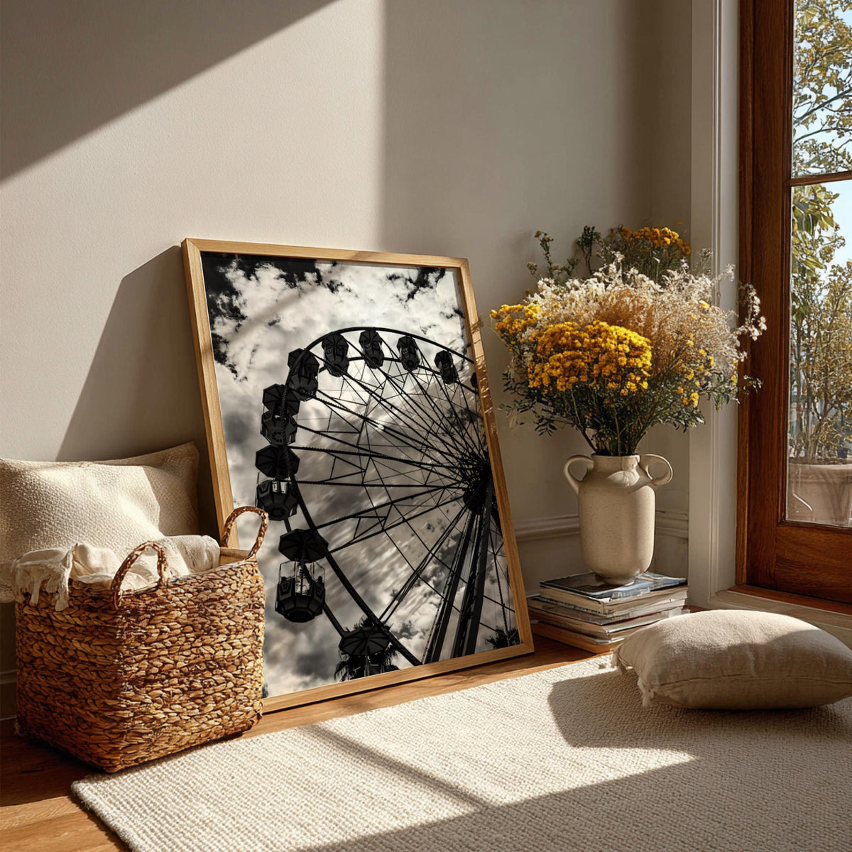 Sky Wheel Black & White Minimalist City Wall Art | Modern Ferris Wheel Decor | Urban Aesthetic Poster Print