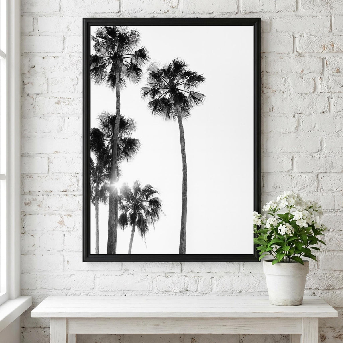 Sunlit Palms Black & White Minimalist Coastal Wall Art | Modern Tropical Decor | Aesthetic Nature Poster Print