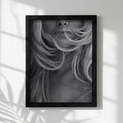 Windblown Blonde Black & White Minimalist Portrait Wall Art | Modern Fashion Aesthetic Decor | Elegant Beauty Poster Print