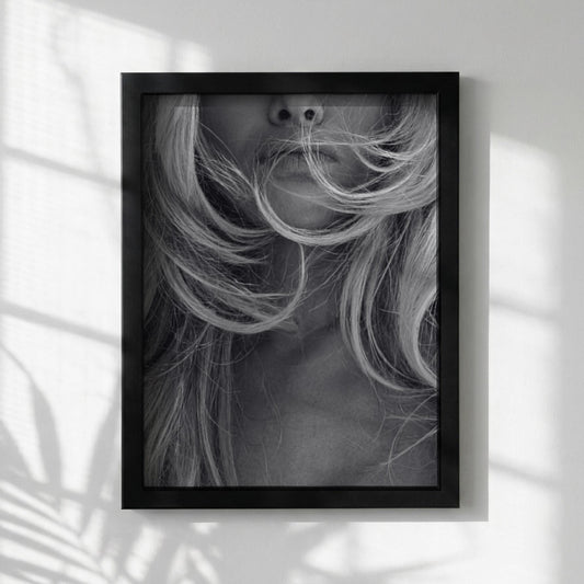 Windblown Blonde Black & White Minimalist Portrait Wall Art | Modern Fashion Aesthetic Decor | Elegant Beauty Poster Print