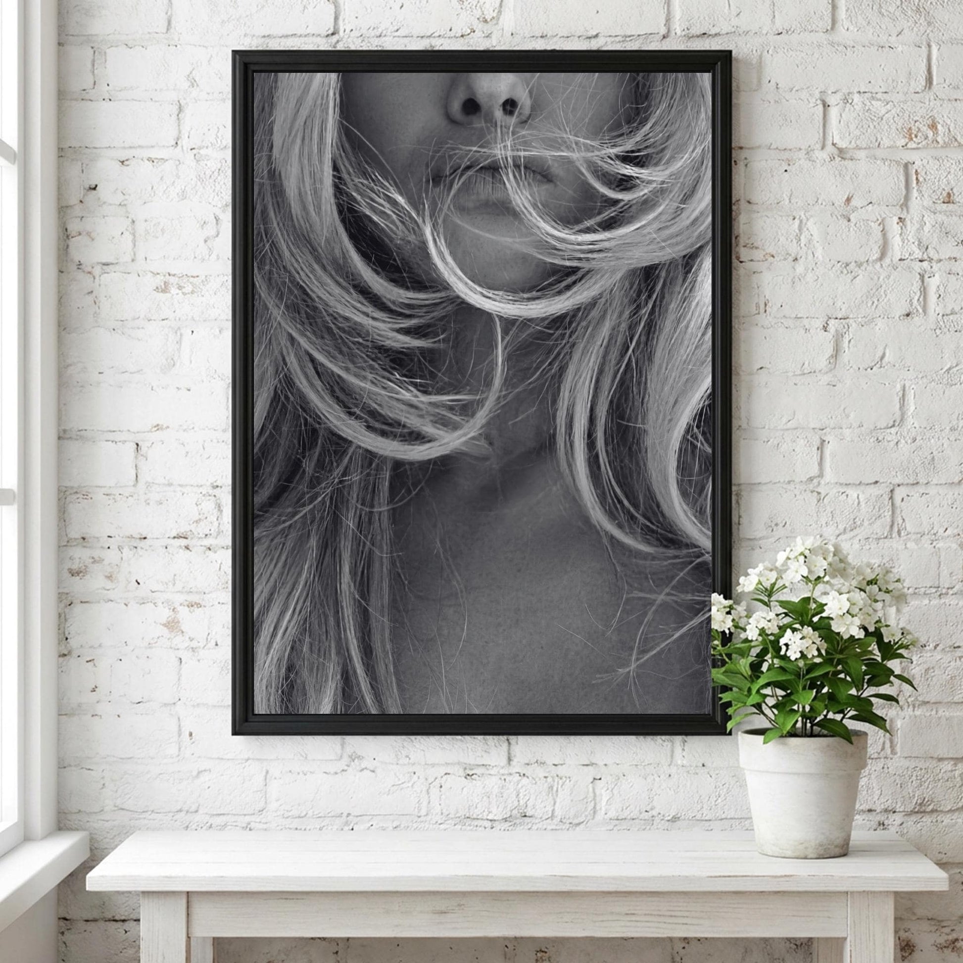 Windblown Blonde Black & White Minimalist Portrait Wall Art | Modern Fashion Aesthetic Decor | Elegant Beauty Poster Print