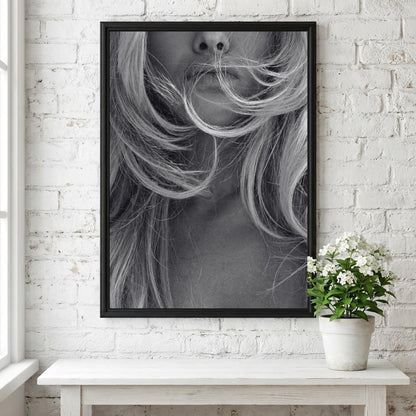 Windblown Blonde Black & White Minimalist Portrait Wall Art | Modern Fashion Aesthetic Decor | Elegant Beauty Poster Print