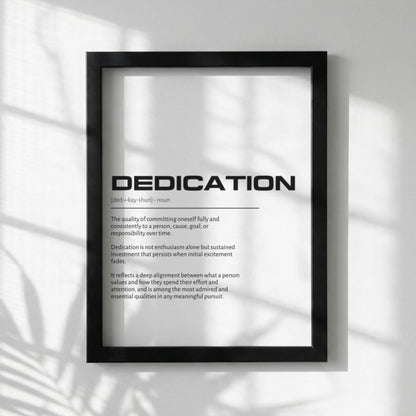 Dedication Definition Wall Art | Clean Commitment Quote Print | Minimalist Persistence Poster | Modern Home Office Decor | White Typography