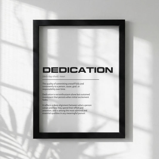Dedication Definition Wall Art | Clean Commitment Quote Print | Minimalist Persistence Poster | Modern Home Office Decor | White Typography