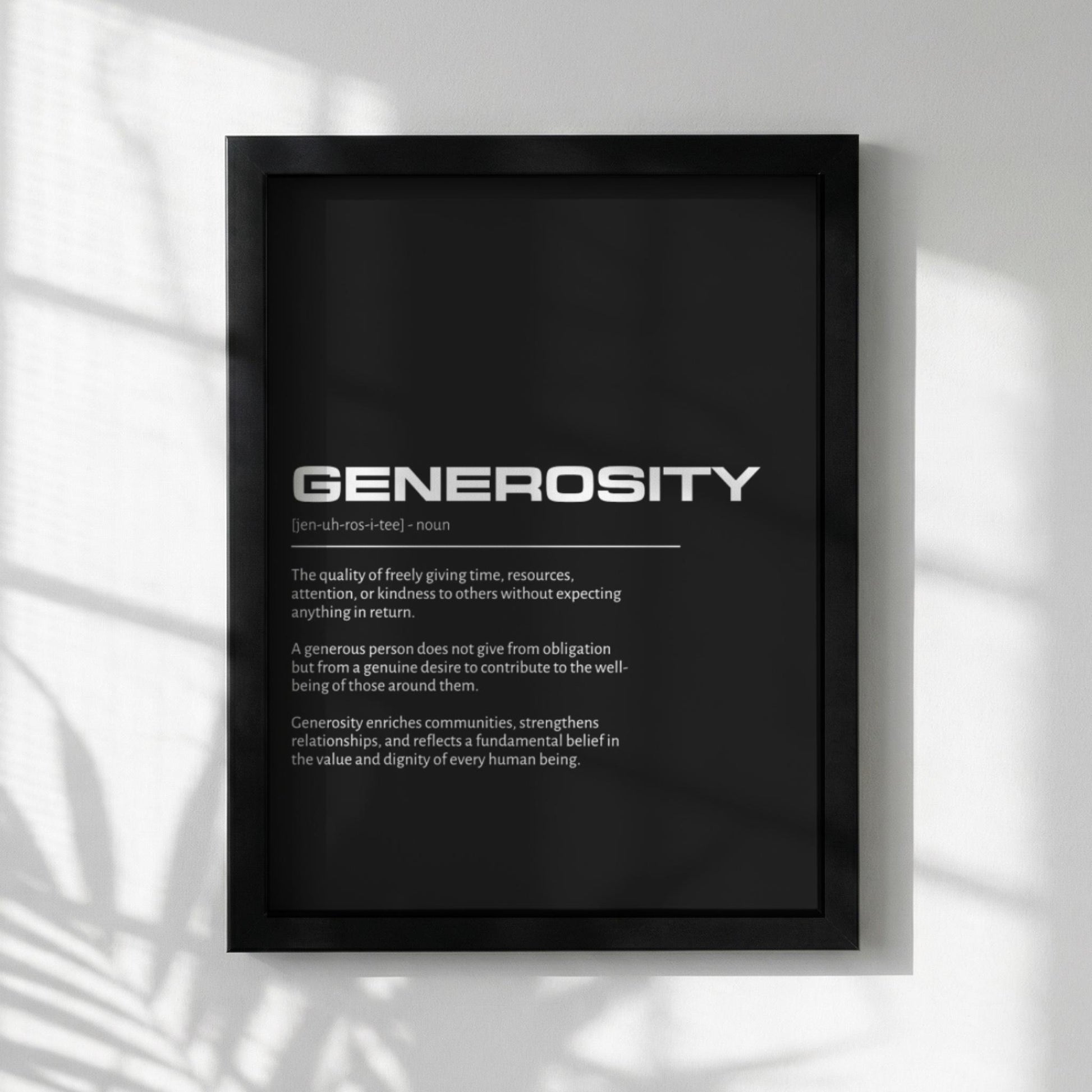 Generosity Definition Wall Art | Bold Kindness & Giving Print | Minimalist Altruism Poster | Modern Home Gallery Decor | Dark Typography