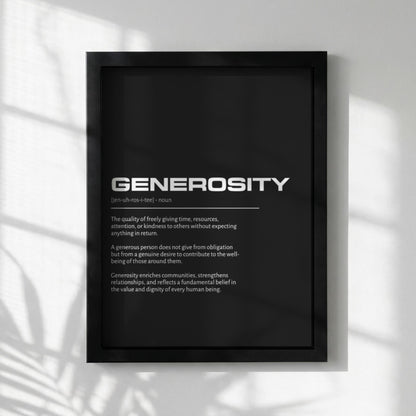 Generosity Definition Wall Art | Bold Kindness & Giving Print | Minimalist Altruism Poster | Modern Home Gallery Decor | Dark Typography