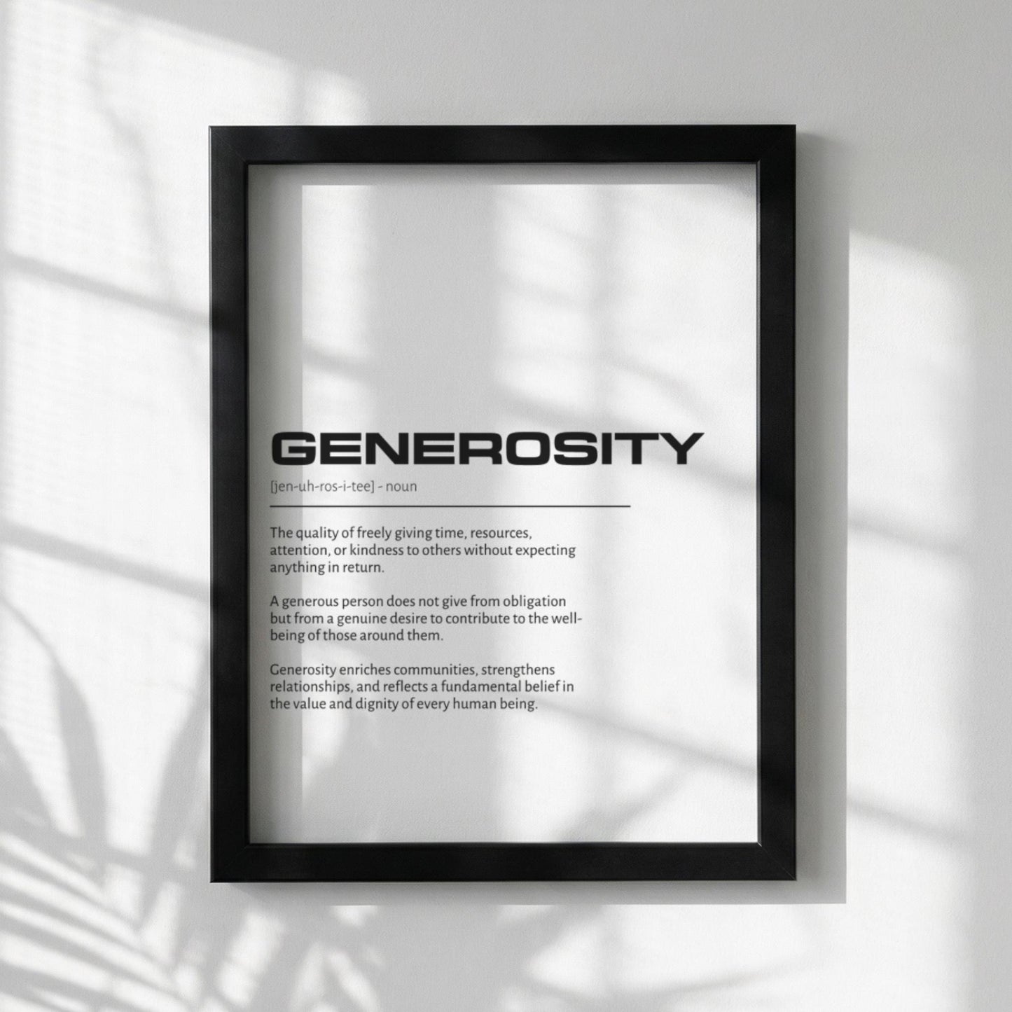 Generosity Definition Wall Art | Clean Kindness & Giving Print | Minimalist Altruism Poster | Modern Home Gallery Decor | White Typography