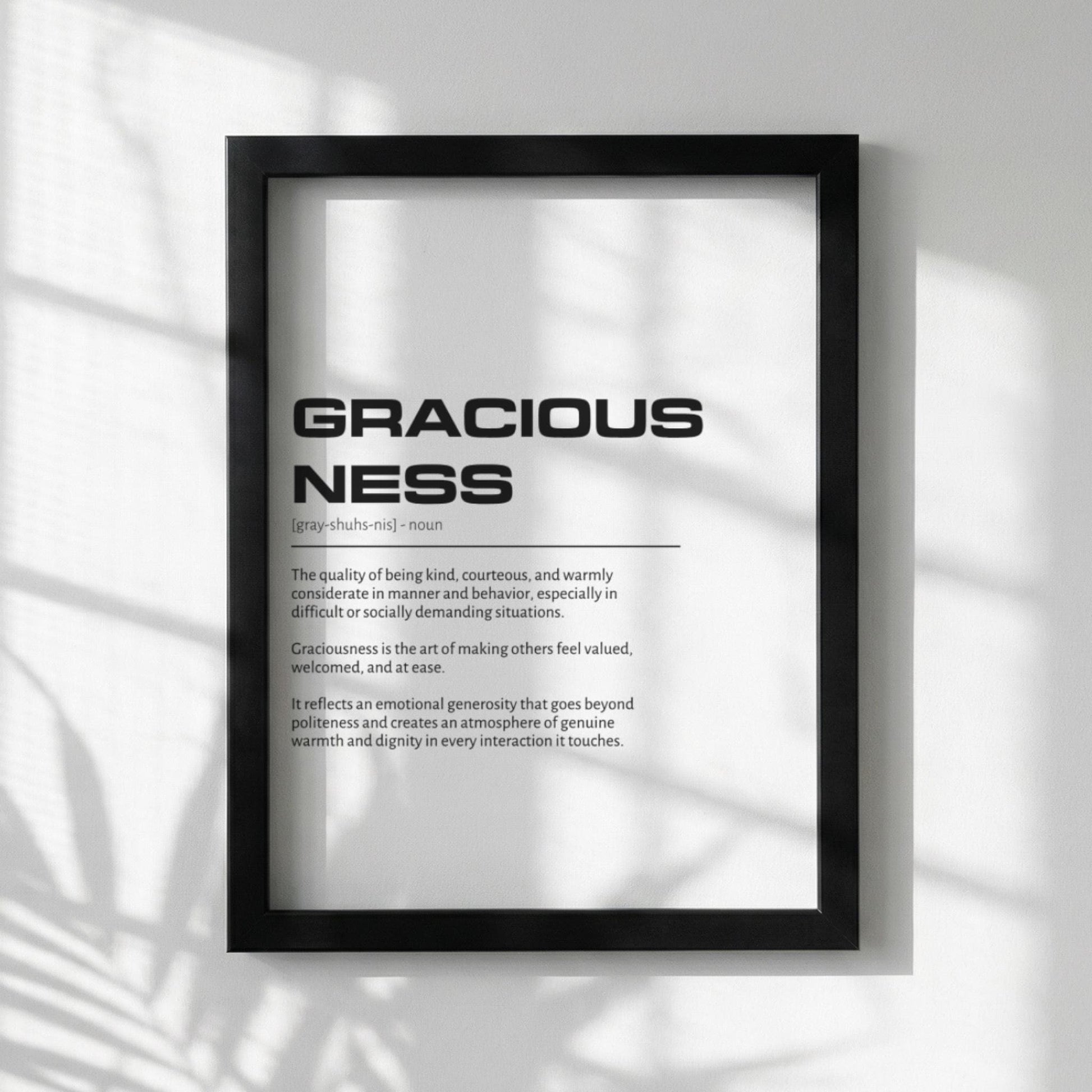 Graciousness Definition Wall Art | Clean Kindness & Poise Print | Minimalist Elegance Poster | Modern Home Gallery Decor | White Typography