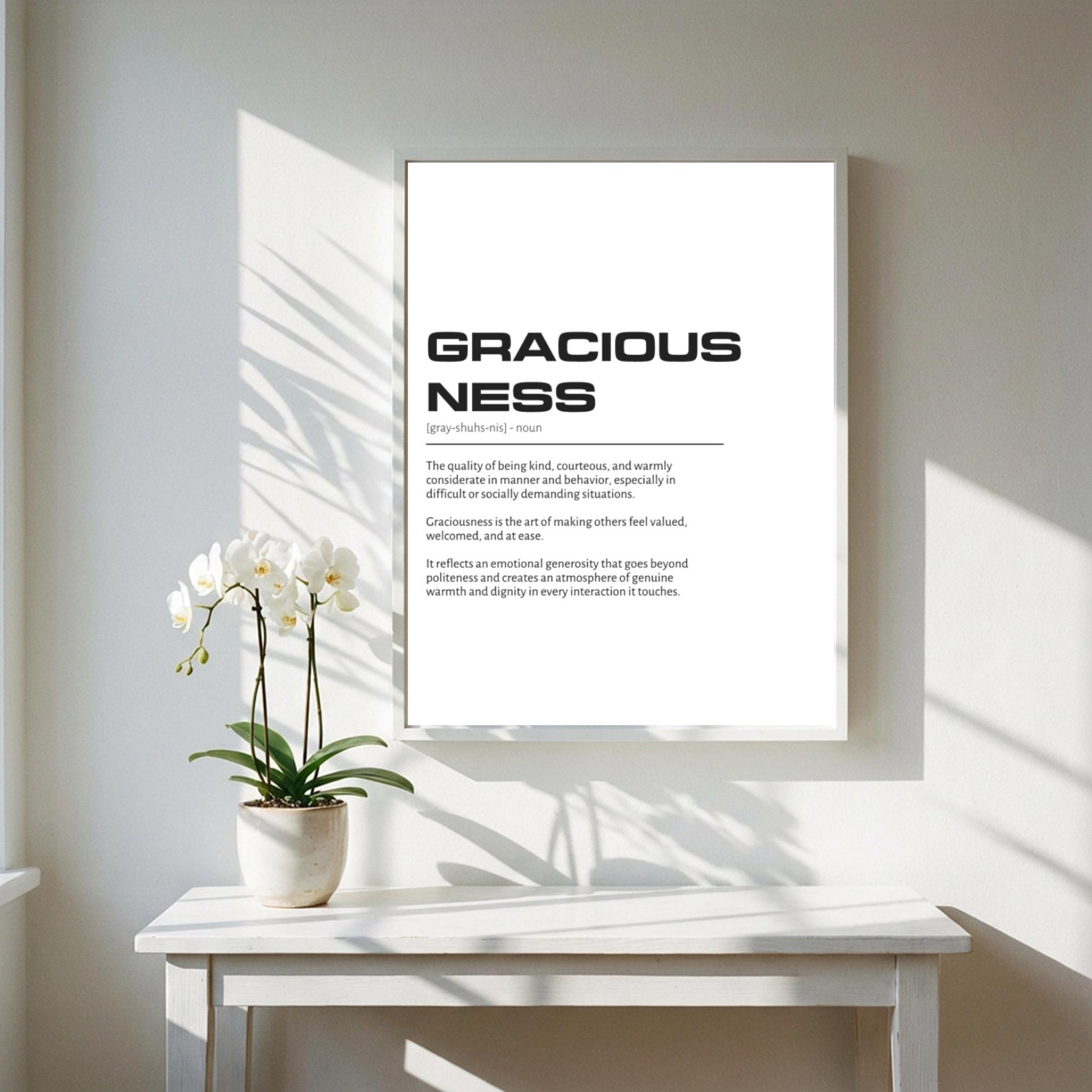 Graciousness Definition Wall Art | Clean Kindness & Poise Print | Minimalist Elegance Poster | Modern Home Gallery Decor | White Typography