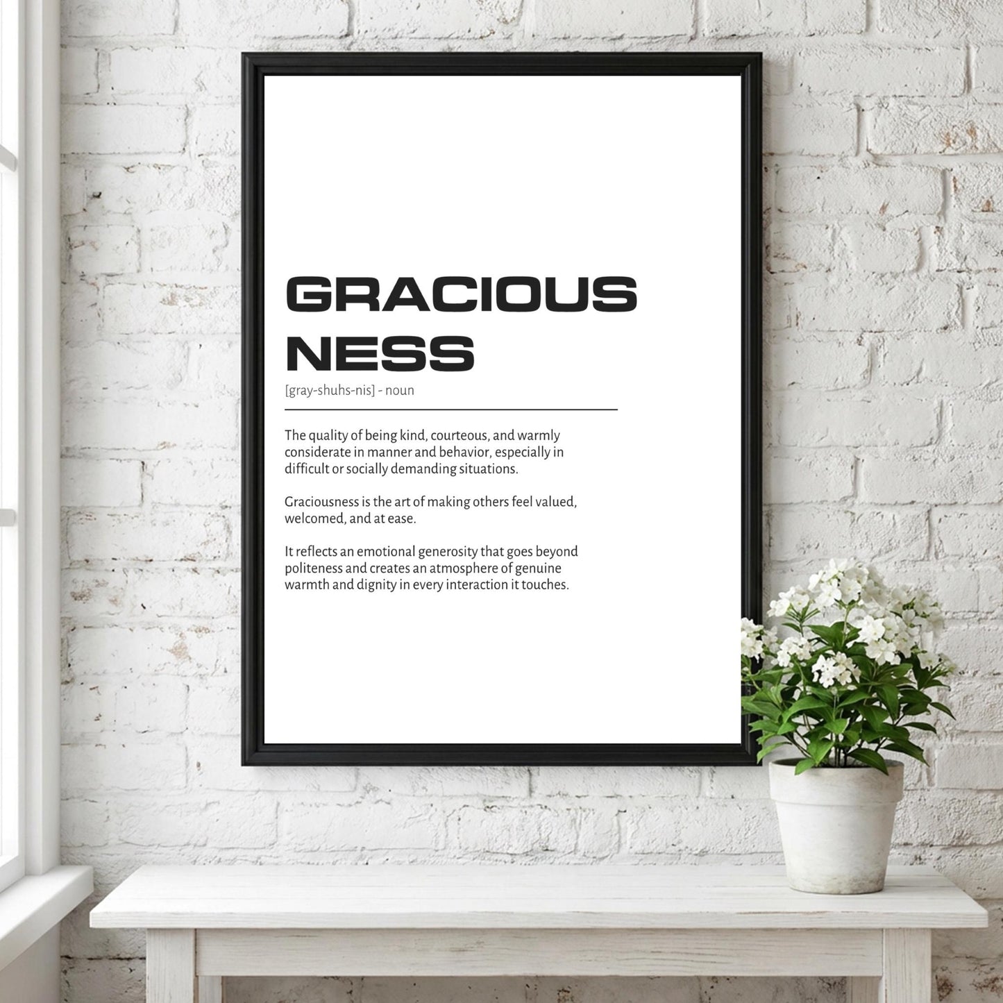 Graciousness Definition Wall Art | Clean Kindness & Poise Print | Minimalist Elegance Poster | Modern Home Gallery Decor | White Typography