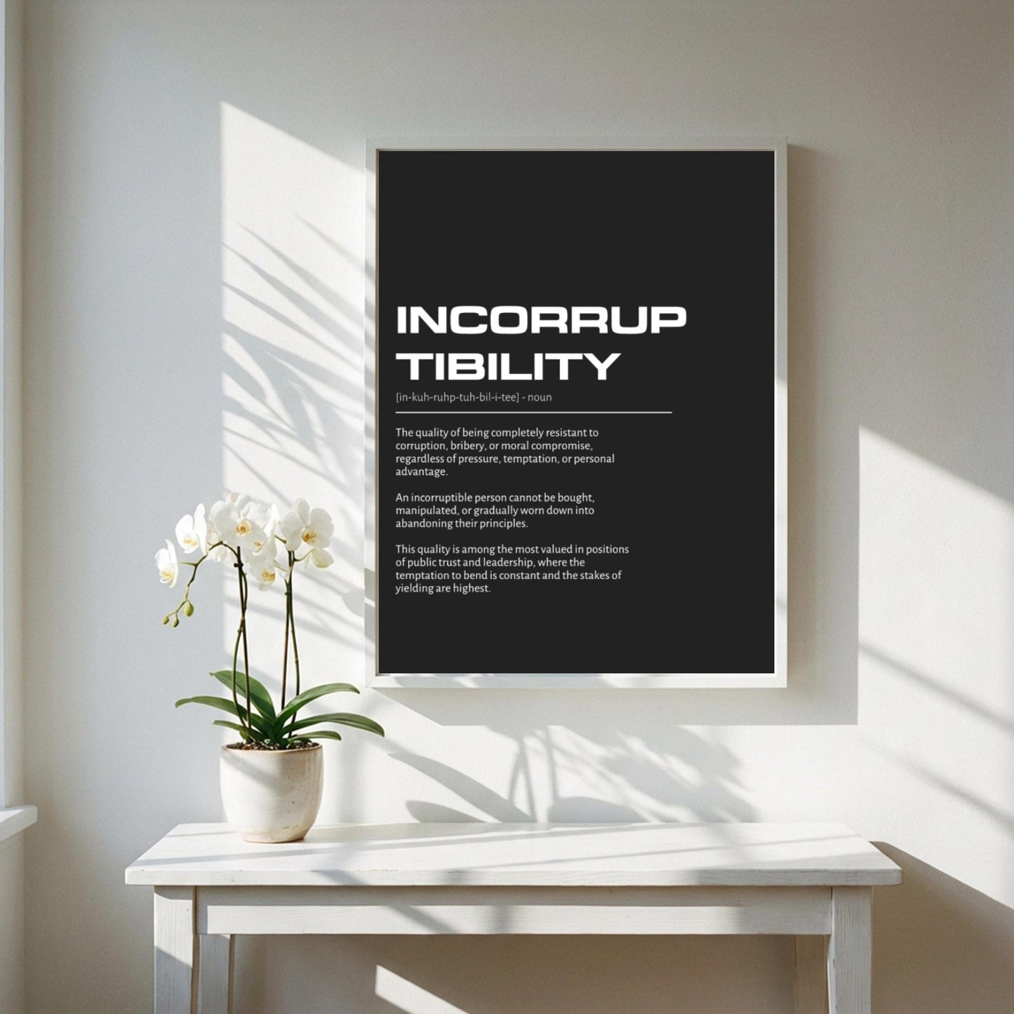 Incorruptibility Definition Wall Art | Bold Integrity & Honor Print | Minimalist Ethics Poster | Modern Office Gallery Decor | Dark