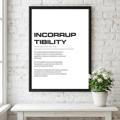 Incorruptibility Definition Wall Art | Clean Integrity & Honor Print | Minimalist Ethics Poster | Modern Office Gallery Decor | White