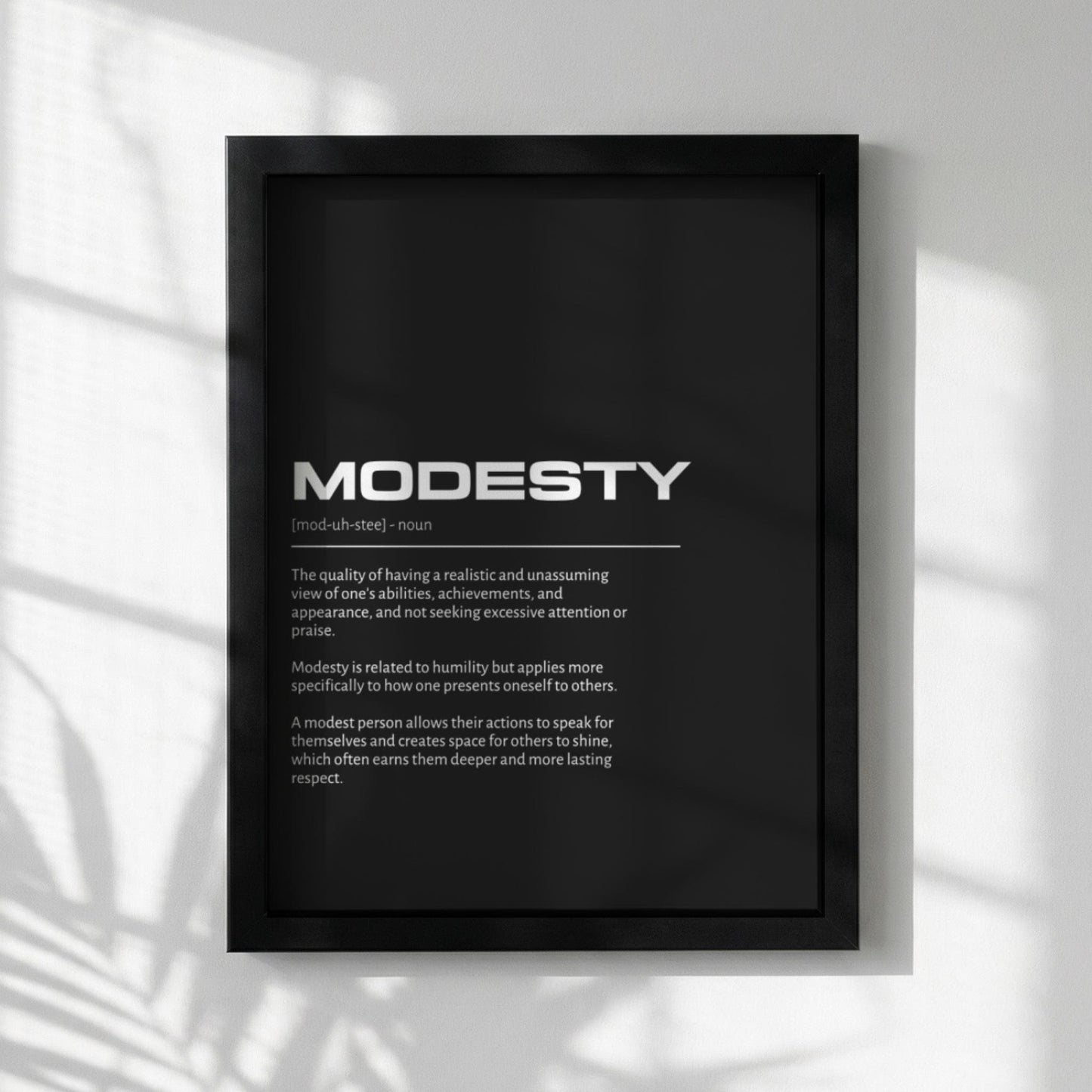 Modesty Definition Wall Art | Bold Humility & Reserve Print | Minimalist Character Poster | Modern Home Gallery Decor | Dark Typography