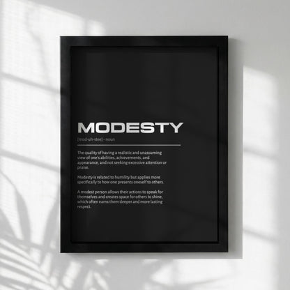 Modesty Definition Wall Art | Bold Humility & Reserve Print | Minimalist Character Poster | Modern Home Gallery Decor | Dark Typography